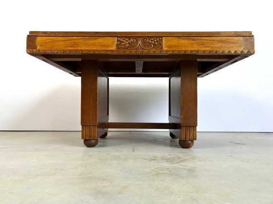 Table de salle à manger en marqueterie de chêne, années 1940 - France – Tables de salle à manger, Wood (photo 7 of 12)