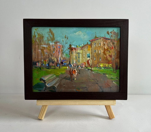 Origineel olieverfschilderij: Herfststadslandschap, gouden herfst in het park