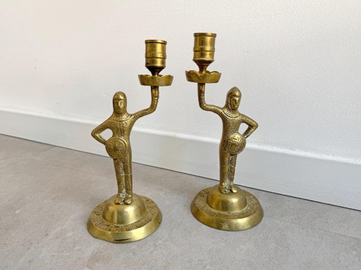 2x Vintage Messing Kandelaars - Ridders – kandelaars en kaarsen, Brass