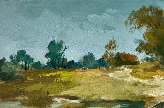 Image 1 of Original Oil Painting Summer Bridge Landscape The road to the village