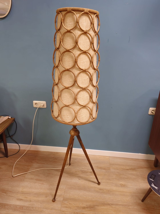 Image 1 of Vintage Vloerlamp Hout, Stof & Rotan Staande Lamp