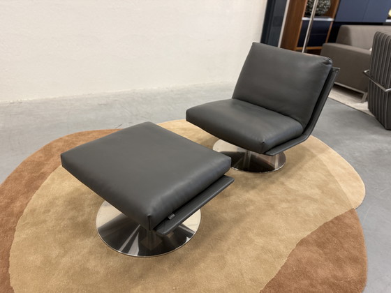 Image 1 of Leolux Kudo Fauteuil Met poef Raffino Shark leer