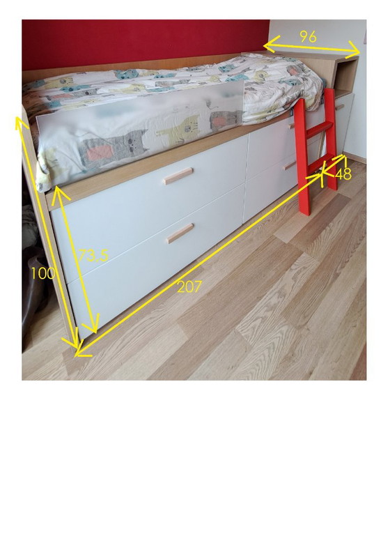 Single bed with storage drawers and matching elevated bedside table, white and light wood, Dearkids, Mdf (photo 2 of 9)