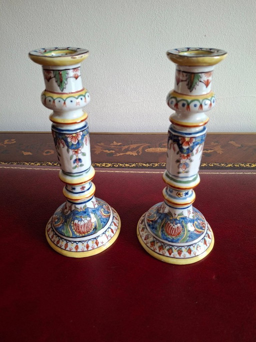 Pair of antique earthenware candlesticks from Desvres, Gaëtan Level, 1880-1900