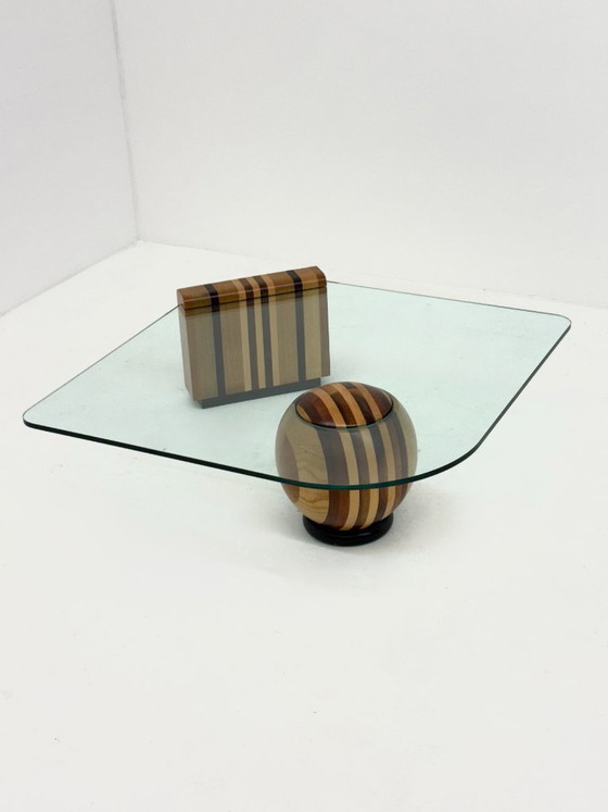 Tavolino da caffè italiano scultoreo con base geometrica in legno – Tavolini da caffè, Glass, Wood (photo 4 of 10)