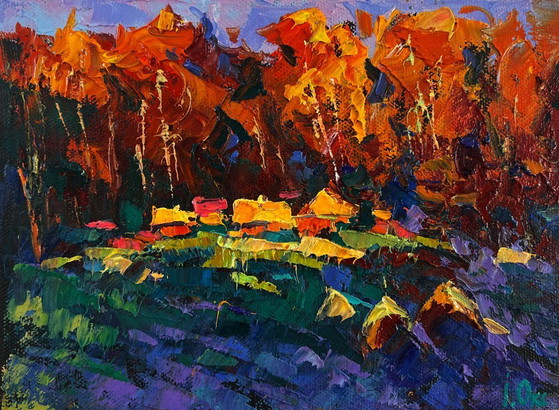 Image 1 of Original Oil Painting Autumn Forest Landscape Fires ignite darkness and silence