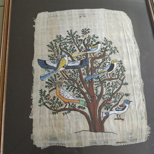 Vintage Hand-Painted Egyptian Papyrus Artwork with Birds – Framed