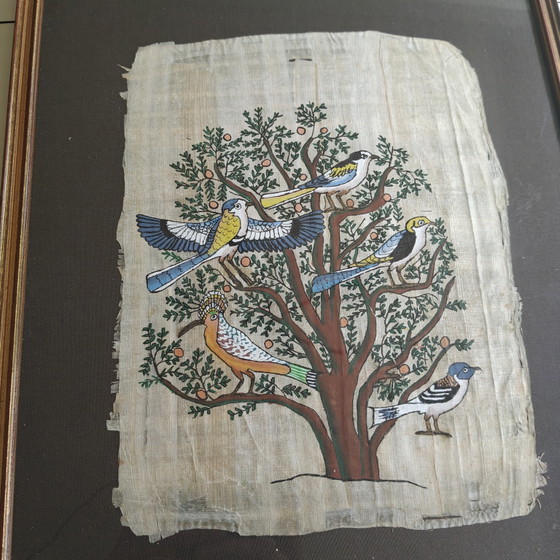 Image 1 of Vintage Hand-Painted Egyptian Papyrus Artwork with Birds – Framed