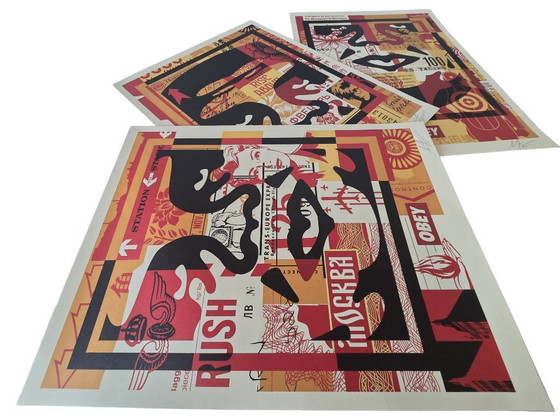Image 1 of Shepard Fairey (Obey), "3-Face Collage". Triptiek van offsetlithografieën, gesigneerd en gedateerd, 2020