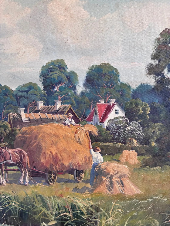 Image 1 of Peinture à l'huile originale vintage de grand paysage, signée, art champêtre