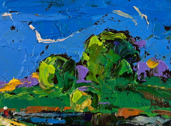 Image 1 of Original Oil Painting Summer Field Landscape Sky through green branches