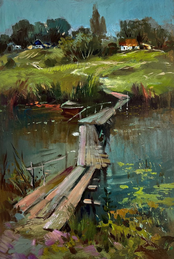 Image 1 of Original Oil Painting Summer River Landscape Bridge to the village