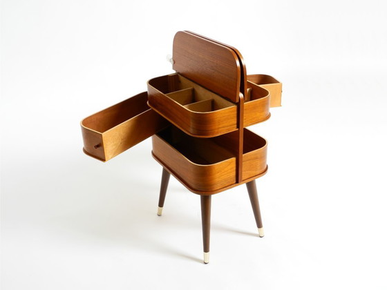Image 1 of Beautiful original Mid Century sewing box with teak veneer and many compartments