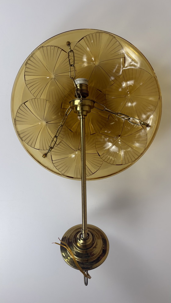 Image 1 of Hubens & Degué ceiling lamp chandelier Art Deco amber colored glass