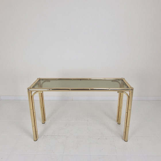 Image 1 of Tavolino rettangolare italiano in ottone, bambù e vetro fumé, anni '70