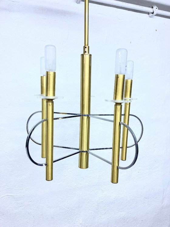 Image 1 of Lustre Sciolari, design des années 1970, laiton, chrome, verre