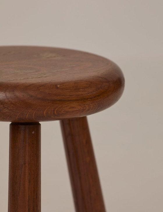 Image 1 of Vintage French tripod stool, brutalist style, made of solid wood, circa 1960