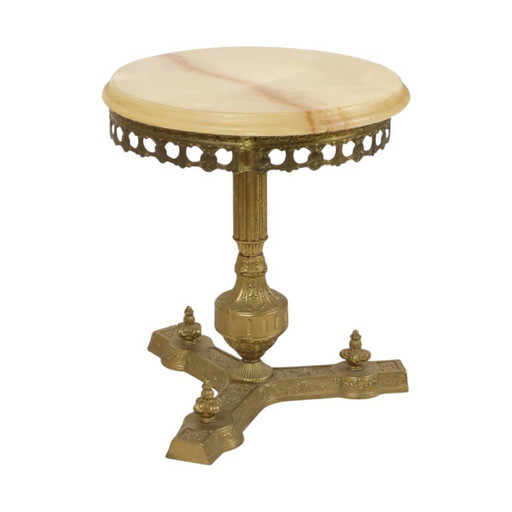 Vintage Brass Side Table with Round Onyx Marble Top