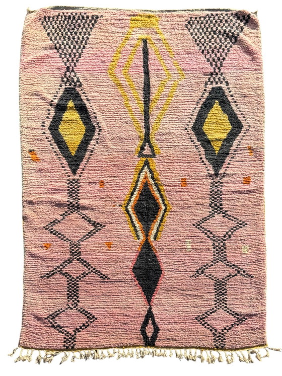 Image 1 of Grand tapis marocain Boujad tissé à la main - 200X310 Cm - motifs géométriques rose et moutarde