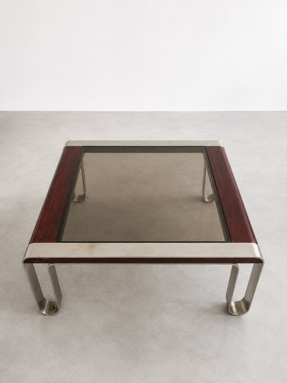 1970s/1980s steel, wood & smoked glass Coffee table, Silver (photo 3 of 5)