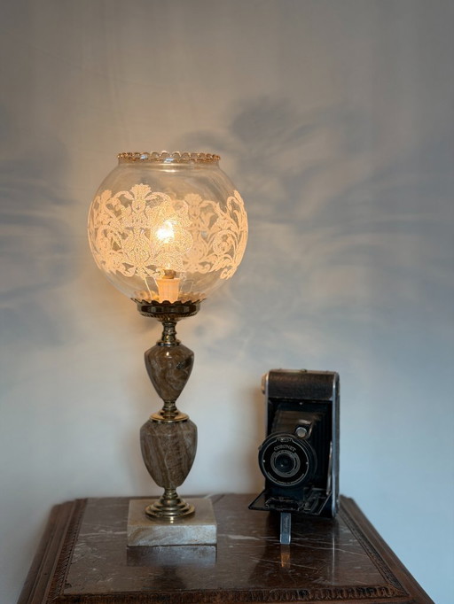 Vintage Agate Stone Table Lamp – 1970s Hollywood Regency – Engraved Glass Globe