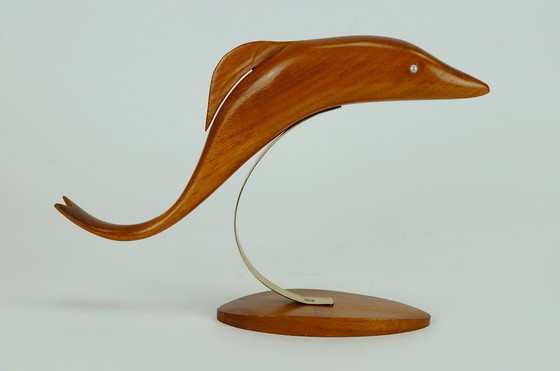 Image 1 of Beautiful Elegant Mid Century Wood Figurine Fish Dolphin Cherrywood Brass 1950s Deco