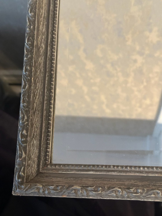 Antique Beveled Mirror, Anthracite Molded Wood Frame H 30/W25 cm, Glass, Grey, Vintage (photo 4 of 12)