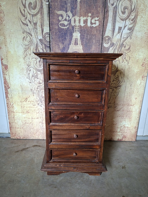 Cassettiera, comodino o mobile da ingresso in teak antico, dimensioni: 42x40 cm e 76 cm di altezza.