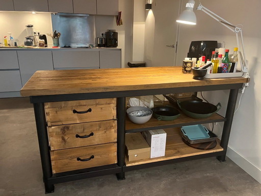 Oldwood Industrieel kookeiland oud eiken met 3 lades