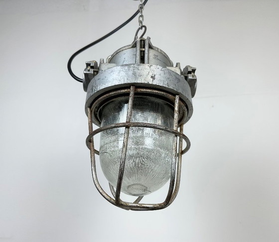 Image 1 of Industrial Soviet Cast Aluminium Bunker Pendant Light with Iron Grid, 1960s