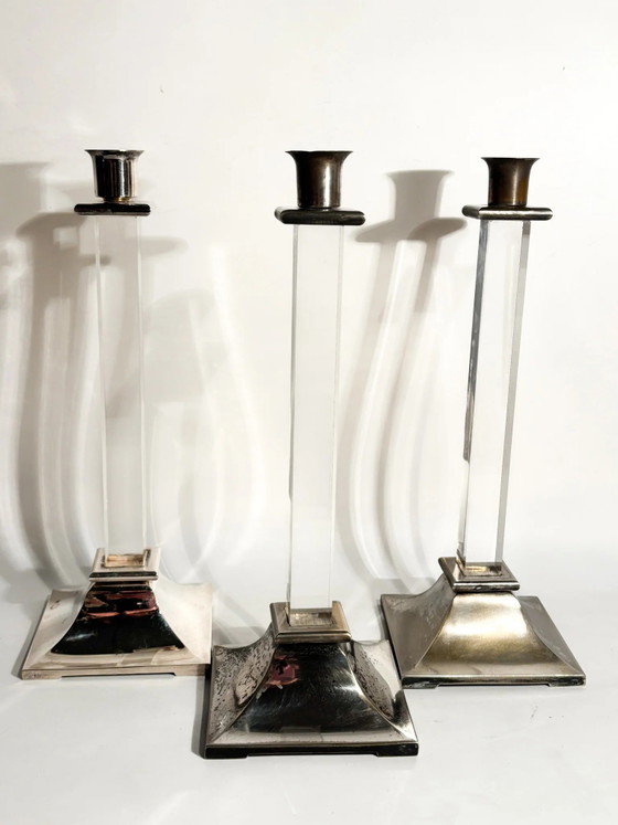 Set of 3 1970s Plexiglass and Silver-Plated Metal Candle Holders – Decorative Objects (photo 11 of 12)