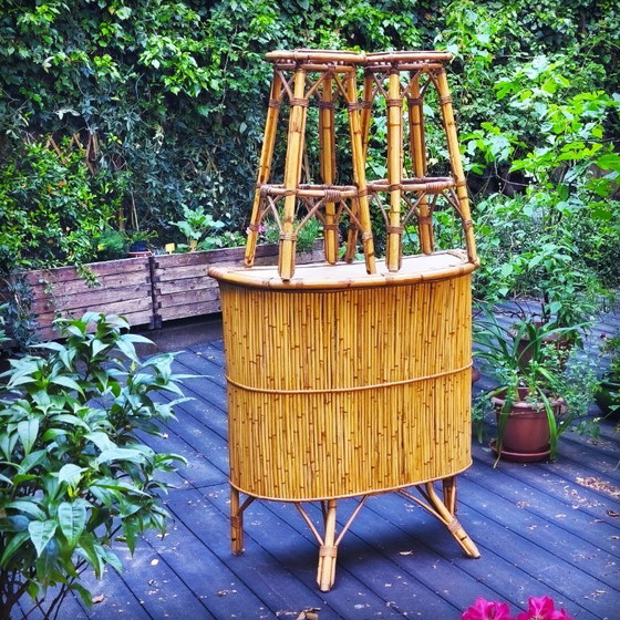 Image 1 of Tiki bar et ses tabourets vintage en rotin et bambou, France, 1950s