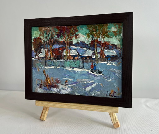 Original Oil Painting Winter Village Landscape The village was covered in snow