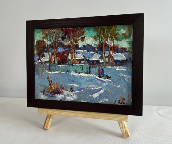 Image 1 of Original Oil Painting Winter Village Landscape The village was covered in snow