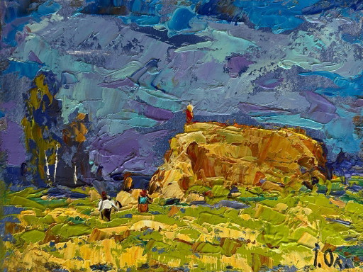 Originales Ölgemälde: Sommerliche Feldlandschaft – Heuernte auf dem Feld