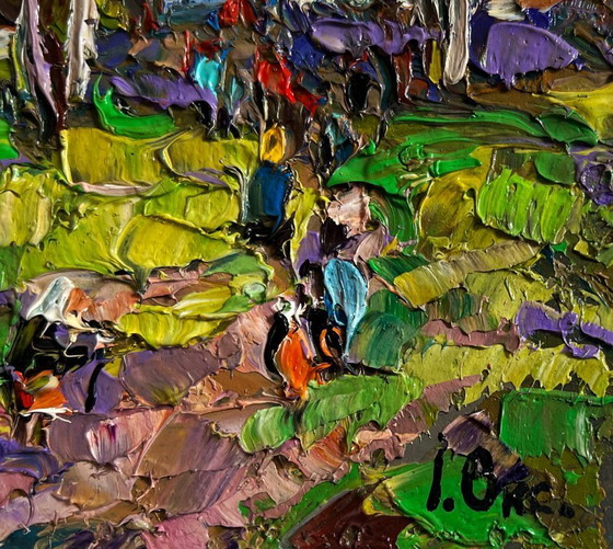 Image 1 of Original Oil Painting Summer Village Landscape Morning ringing of church bells