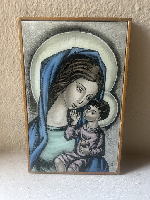 Devotional Tile Mary/Madonna With Child Opaline Glass – wanddecoratie, Wood