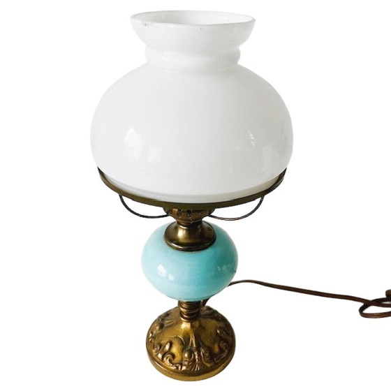 Image 1 of Antike elektrische, umgebaute Öllampe aus Messing und türkisfarbenem Glas, upgecycelt um 1900