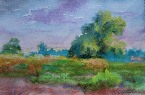 Original Watercolor Painting Nature Landscape Meadow August Summer Day – schilderijen tekeningen, Paper