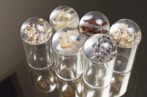 Set of 6 French Plexiglas Resin Spice Cylinder Jars / Preserved Spices and Herbs, Vintage Kitchen Decor