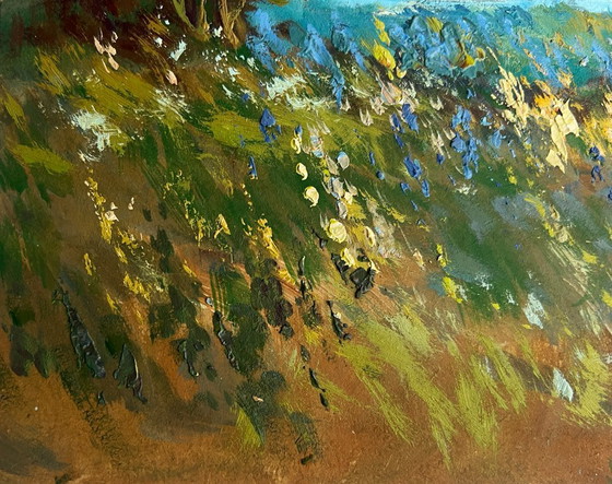 Image 1 of Dipinto ad olio originale: Paesaggio costiero estivo, campo di fiori e fiume.