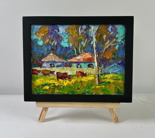 Original Oil Painting Summer Village Landscape The herd returns