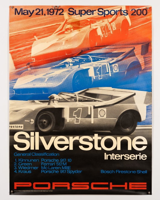 Image 1 of Porsche Silverstone Interserie 1972 – Originele vintage Porsche poster van Atelier Strenger – Mid-Century Modern – 102x76 cm