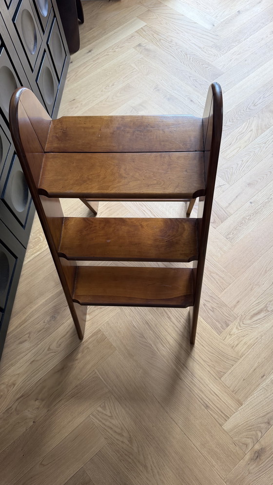 Image 1 of Scala da biblioteca pieghevole vintage – Impiallacciatura in mogano con raccordi in ottone