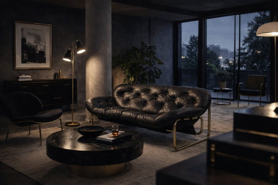 Image 1 of Vintage Mid-Century Scandinavian Modern Glamour Leather Black & Gold Sofa by John-Bertil Häggström for Swed-Form, 1970s