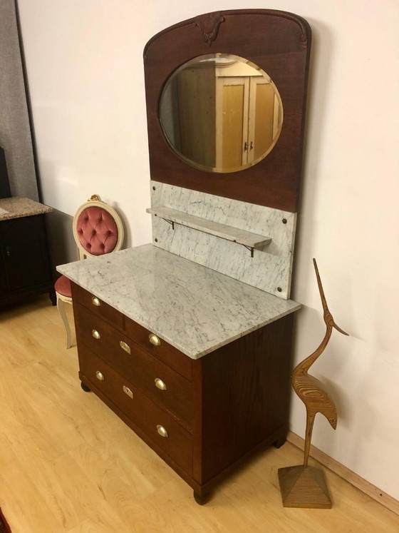 Image 1 of Jugendstil Kommode / Art Deco Kommode / Waschtisch / Schminktisch / Spiegelkommode mit Marmorplatte und facettiertem Spiegel um 