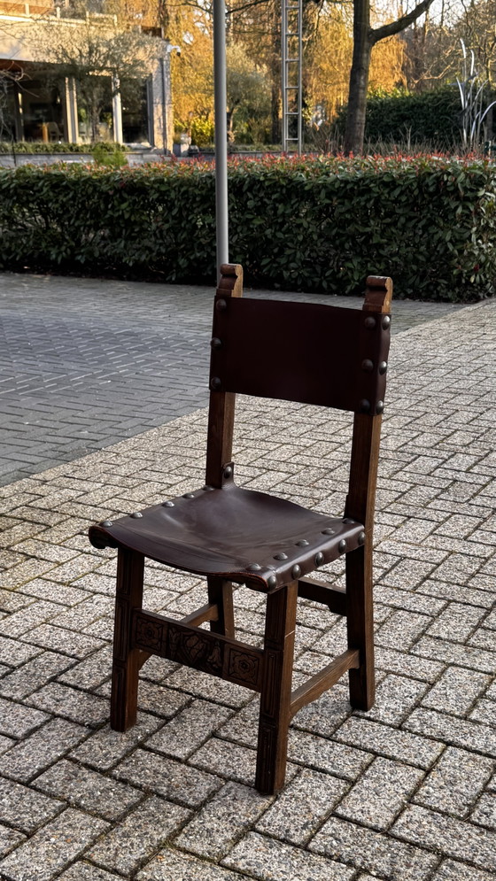 Set van 4 vintage Spaanse stoelen – jaren 60/70 – Eetkamerstoelen, Wood, Leather (photo 2 of 8)