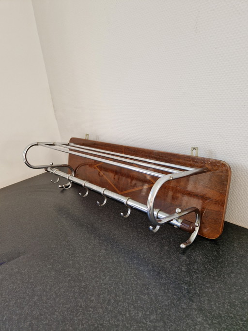 Vintage kapstok hout chroom - art deco jaren 30 gispenstijl