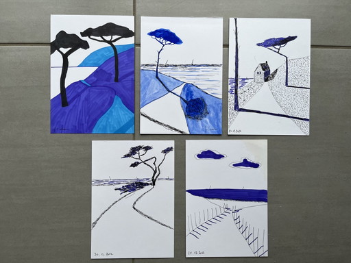 Pak van 5 schetsen op wit papier van 250 g. Formaat 21x14,5 cm.