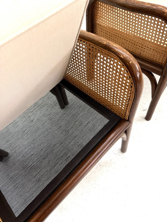 Set di 2 poltrone vintage in manou e tessitura, anni '60, Legno, Vimini, Marrone (foto 6 di 8)
